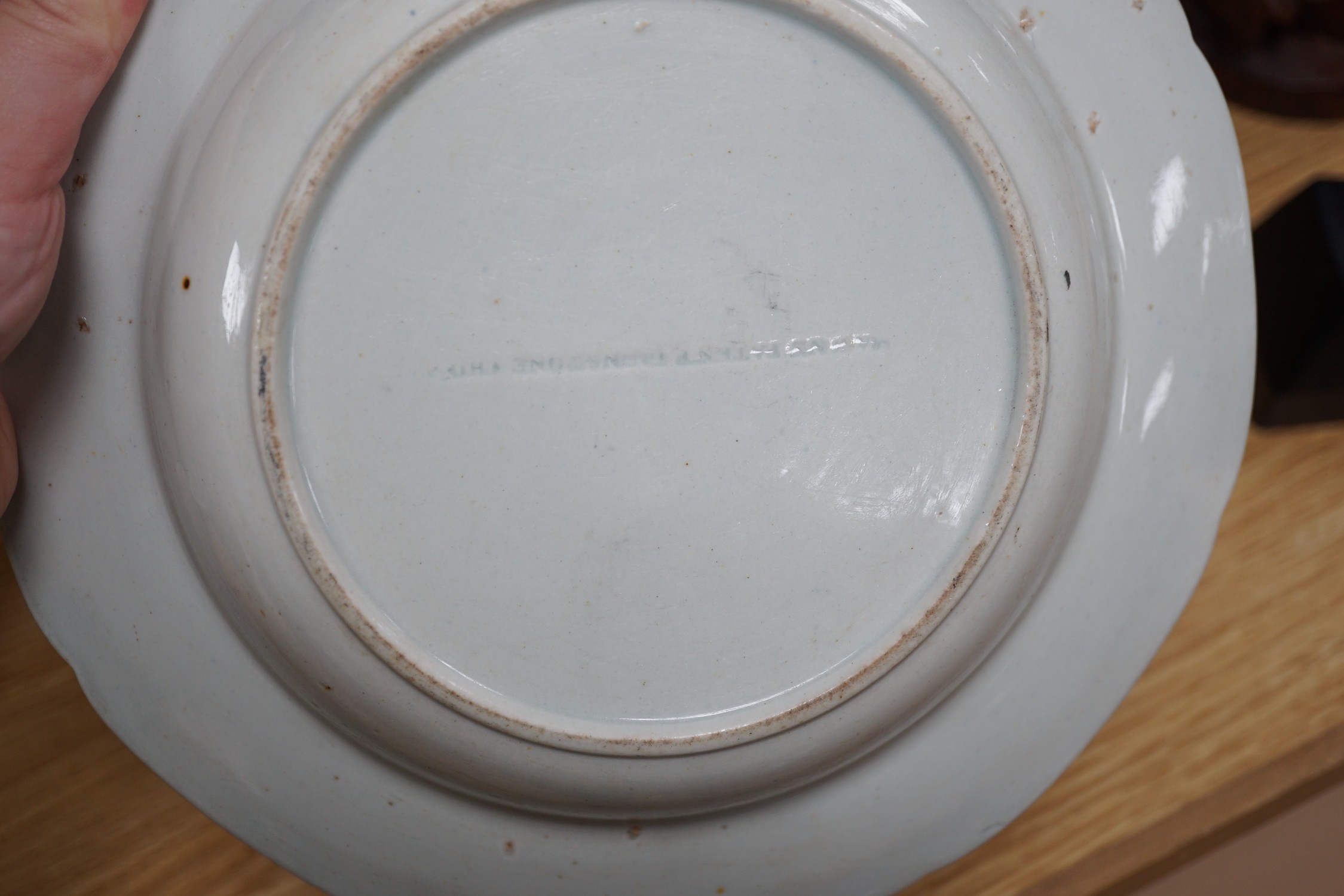 Two studio pottery vases, a Japanese enamelled porcelain bowl and a Masons Ironstone blue and white soup plate, tallest 28cm